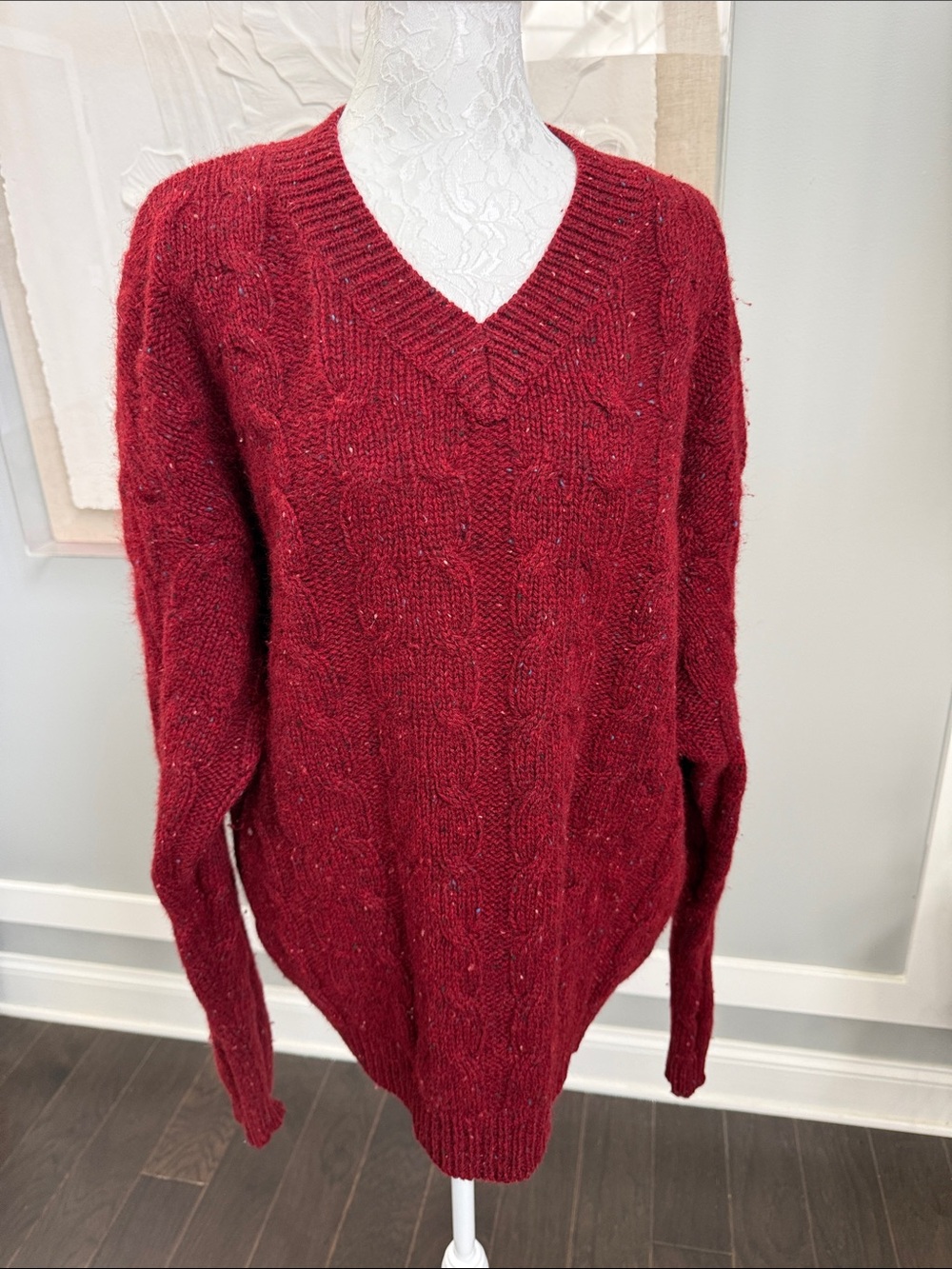 Vintage GAP 90s Outdoor Spirit Red Cable Knit Wool Tweak Sweater Mens M V-Neck